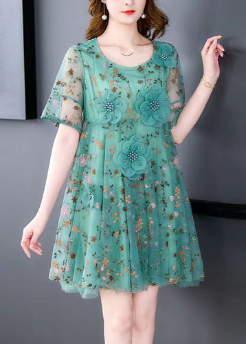 Italian Green O Neck Embroidered Tulle Mid Dress Summer