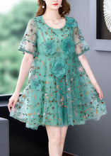 Load image into Gallery viewer, Italian Green O Neck Embroidered Tulle Mid Dress Summer