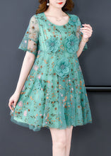 Load image into Gallery viewer, Italian Green O Neck Embroidered Tulle Mid Dress Summer