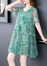 Load image into Gallery viewer, Italian Green O Neck Embroidered Tulle Mid Dress Summer