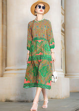 Load image into Gallery viewer, Italian Green O Neck Print Drawstring Patchwork Silk Dress Summer