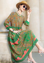 Load image into Gallery viewer, Italian Green O Neck Print Drawstring Patchwork Silk Dress Summer