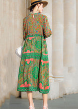 Load image into Gallery viewer, Italian Green O Neck Print Drawstring Patchwork Silk Dress Summer