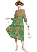 Load image into Gallery viewer, Italian Green O Neck Print Drawstring Patchwork Silk Dress Summer