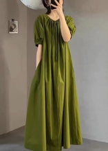 Load image into Gallery viewer, Italian Green O Neck Wrinkled Cotton Long Dress Summer