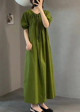 Load image into Gallery viewer, Italian Green O Neck Wrinkled Cotton Long Dress Summer