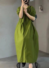 Load image into Gallery viewer, Italian Green O Neck Wrinkled Cotton Long Dress Summer