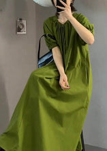 Load image into Gallery viewer, Italian Green O Neck Wrinkled Cotton Long Dress Summer