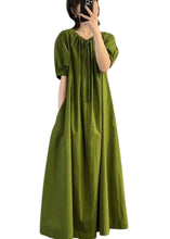 Load image into Gallery viewer, Italian Green O Neck Wrinkled Cotton Long Dress Summer