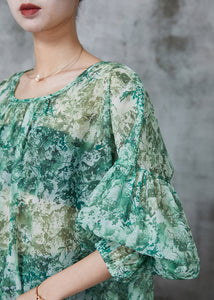 Italian Green Oversized Print Chiffon Shirts Lantern Sleeve