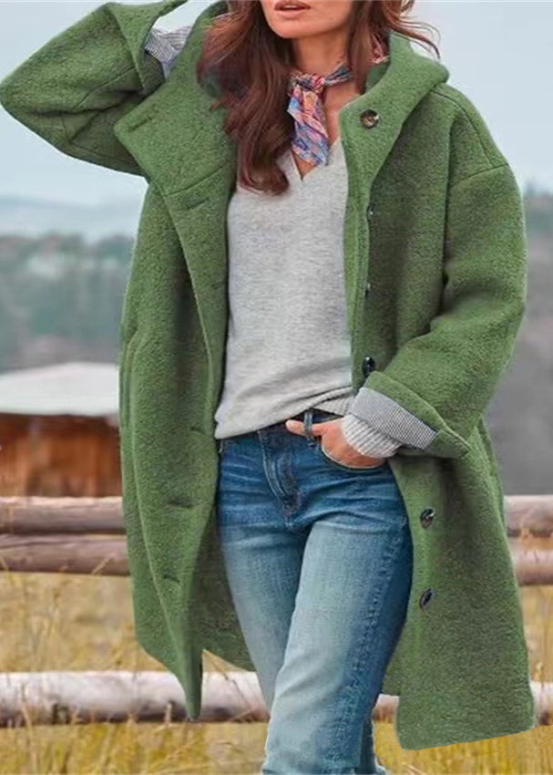 Italian Green Peter Pan Collar Pockets Woolen Hooded Coats Fall