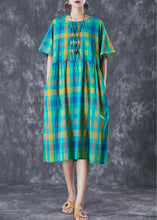 Load image into Gallery viewer, Italian Green Plaid Wrinkled Linen Vacation Dresses Summer