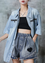 Load image into Gallery viewer, Italian Light Blue Zip Up Denim Loose Shirt Tops Summer