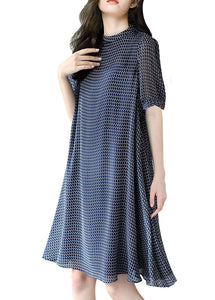 Italian Navy Stand Collar Print Chiffon Dresses Summer