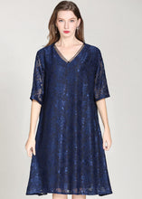 Load image into Gallery viewer, Italian Navy V Neck Embroidered Patchwork Lace Dress Summer