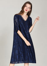 Load image into Gallery viewer, Italian Navy V Neck Embroidered Patchwork Lace Dress Summer