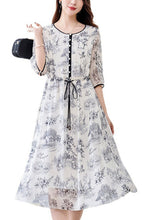 Load image into Gallery viewer, Italian O Neck Print Drawstring Silk Dress Summer