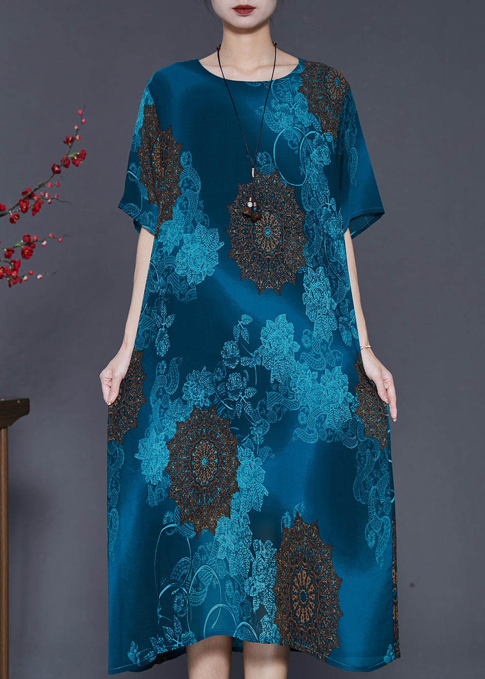 Italian Peacock Blue Oversized Print Chiffon Vacation Dresses Summer