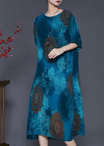 Italian Peacock Blue Oversized Print Chiffon Vacation Dresses Summer