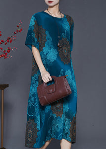 Italian Peacock Blue Oversized Print Chiffon Vacation Dresses Summer