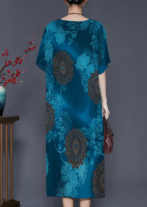 Italian Peacock Blue Oversized Print Chiffon Vacation Dresses Summer