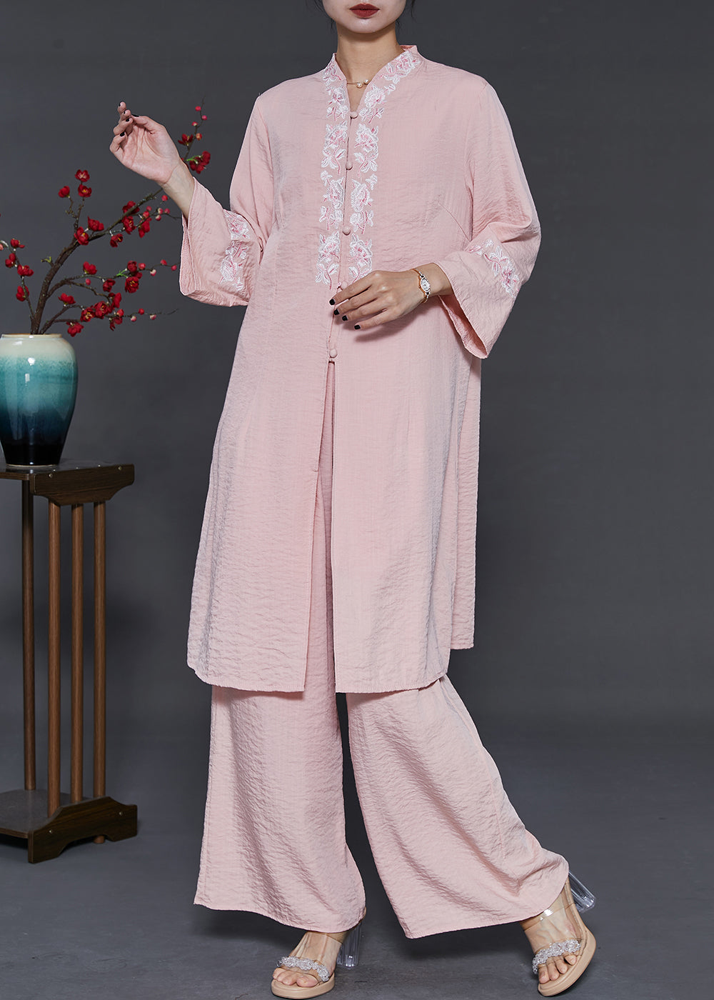 Italian Pink Embroidered Cotton Two Pieces Set Summer