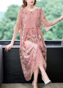 Italian Pink Embroidered Patchwork Silk Mid Dresses Summer