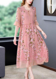 Italian Pink Embroidered Patchwork Silk Mid Dresses Summer