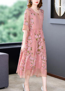 Italian Pink Embroidered Patchwork Silk Mid Dresses Summer