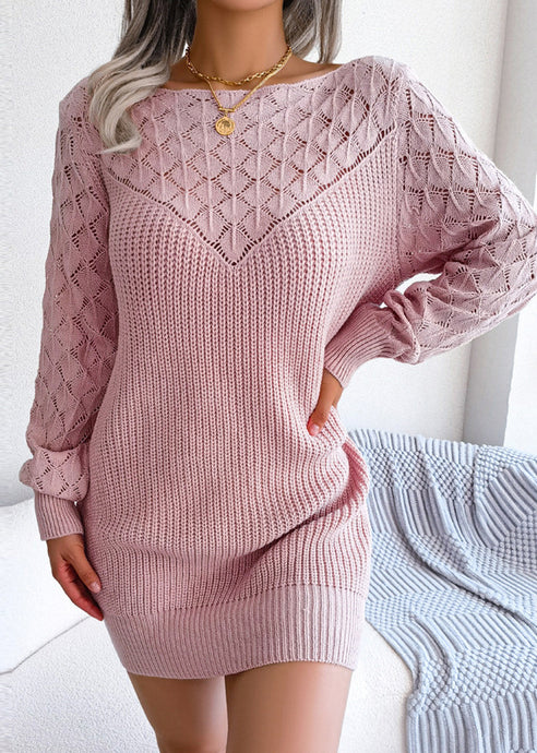 Italian Pink Slash Neck Hollow Out Knit Sweater Dress Fall