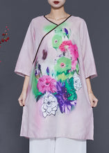 Load image into Gallery viewer, Italian Pink V Neck Print Linen Dresses Bracelet Sleeve