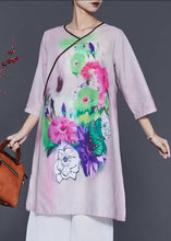 Load image into Gallery viewer, Italian Pink V Neck Print Linen Dresses Bracelet Sleeve