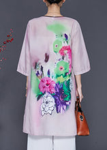 Load image into Gallery viewer, Italian Pink V Neck Print Linen Dresses Bracelet Sleeve