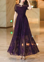 Load image into Gallery viewer, Italian Purple Embroidered Lace Up Chiffon Maxi Dress Summer