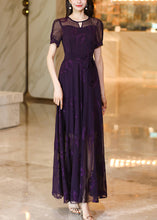 Load image into Gallery viewer, Italian Purple Embroidered Lace Up Chiffon Maxi Dress Summer