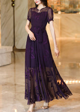 Load image into Gallery viewer, Italian Purple Embroidered Lace Up Chiffon Maxi Dress Summer