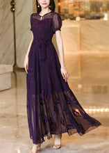 Load image into Gallery viewer, Italian Purple Embroidered Lace Up Chiffon Maxi Dress Summer