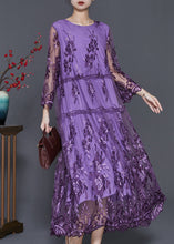 Load image into Gallery viewer, Italian Purple Embroidered Patchwork Tulle Long Dresses Summer