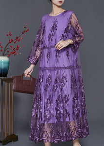 Italian Purple Embroidered Patchwork Tulle Long Dresses Summer