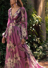 Load image into Gallery viewer, Italian Purple V Neck Print Chiffon Maxi Dresses Long Sleeve