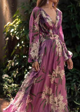 Load image into Gallery viewer, Italian Purple V Neck Print Chiffon Maxi Dresses Long Sleeve