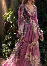 Load image into Gallery viewer, Italian Purple V Neck Print Chiffon Maxi Dresses Long Sleeve