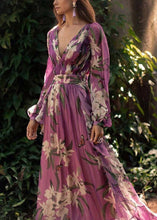 Load image into Gallery viewer, Italian Purple V Neck Print Chiffon Maxi Dresses Long Sleeve