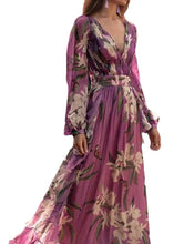 Load image into Gallery viewer, Italian Purple V Neck Print Chiffon Maxi Dresses Long Sleeve