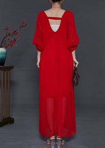 Italian Red Backless Chiffon Vestidos Long Dress Batwing Sleeve