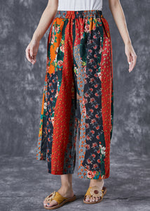 Italian Red Elastic Waist Print Linen Wide Leg Pants Summer