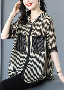 Italian Striped Hooded Pockets Patchwork Chiffon Shirt Tops Summer