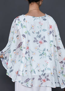 Italian White Print Draping Chiffon Top Summer