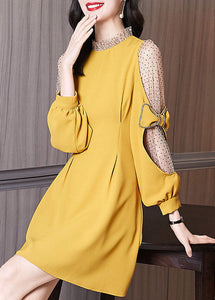 Italian Yellow Bow Patchwork Wrinkled Tulle Dress Spring