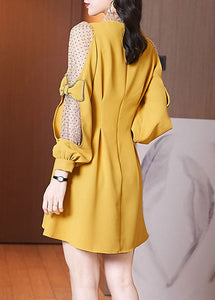 Italian Yellow Bow Patchwork Wrinkled Tulle Dress Spring